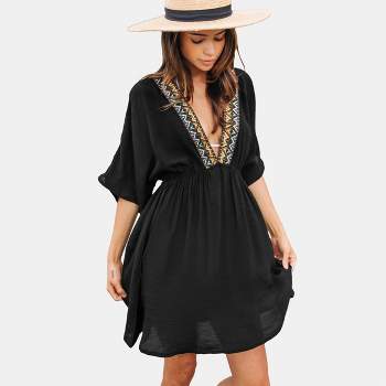 Women's V-Neck Embroidered Trim Cover-Up Dress - Cupshe