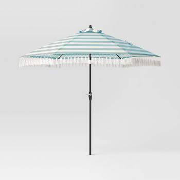 9'x9' Fringe Market Patio Umbrella Cabana Stripe Turquoise - Black Pole - Threshold™