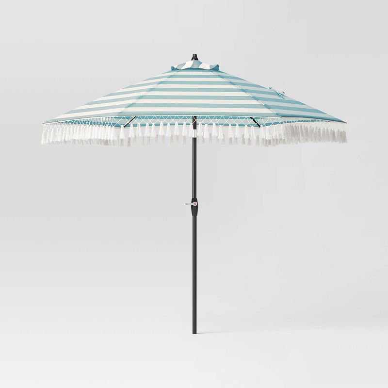 9&#39;x9&#39; Fringe Market Patio Umbrella Cabana Stripe Turquoise - Black Pole - Threshold&#8482;, 1 of 8