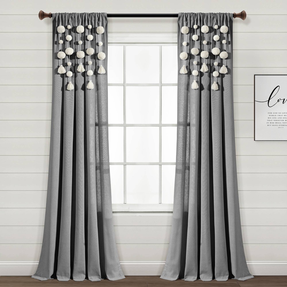 Lush Decor Boho Pom Pom Tassel Linen Window Curtain Panel Dark Gray Single 52X84