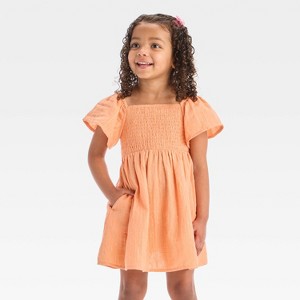 Toddler Girls' Gold Striped Short Sleeve Dress - Cat & Jack™ Peach Orange - 1 of 3