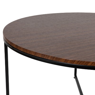 Walnut Finish Round Coffee Table with Matte Black Metal Frame