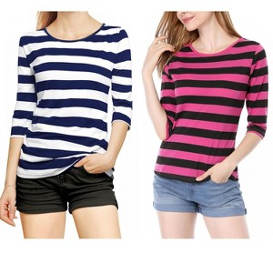 Allegra K Women's Elbow Sleeves Round Neck Slim Fit T-Shirt 2 Packs - 1 of 4