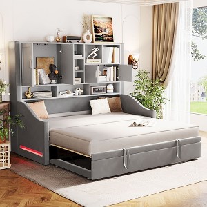 Twin Size Upholstered Daybed with Twin Trundle, Storage Shelves and Cabinets - 1 of 4