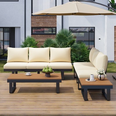 4-Piece Outdoor Seating Set, Sectional Sofa with Coffee Table and Adjustable Reclining Seats, Metal Sofa with Foam Cushions-Coolbibila