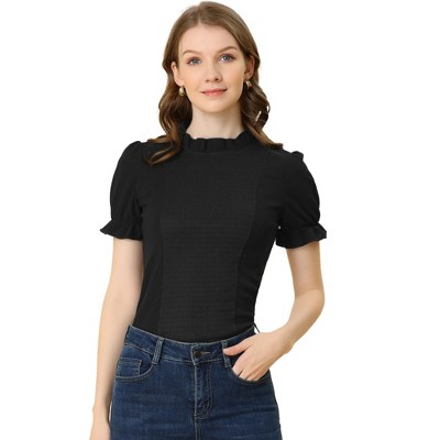 Allegra K Women's Puff Sleeve Mock Neck Ruffle Trim Blouse