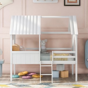 Twin Size Low Loft Wood House Bed with Two Side Windows - 1 of 4