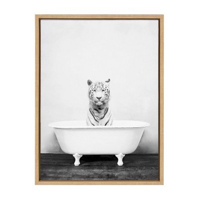 18" x 24" Sylvie White Tiger in the Bathtub Framed Canvas by Amy Peterson Natural - Kate & Laurel All Things Decor