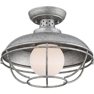 Franklin Iron Works Rustic Farmhouse Outdoor Ceiling Light Galvanized Steel Cage 12" White Glass Orb for Exterior House Porch