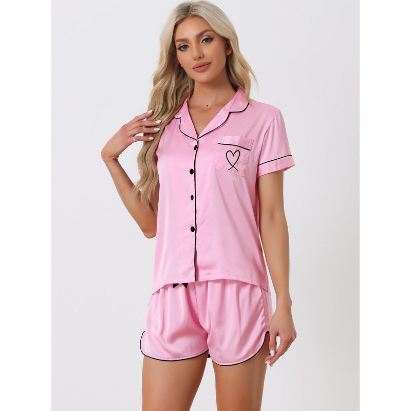 cheibear Women's Satin Button Down Sleepwear Shirt with Shorts Pajama Sets, 3 of 7