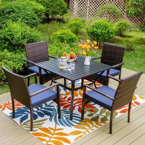 5pc Patio Dining Set with Square Metal Table 4 PE Rattan Chairs Captiva Designs Weather Resistant Umbrella Hole