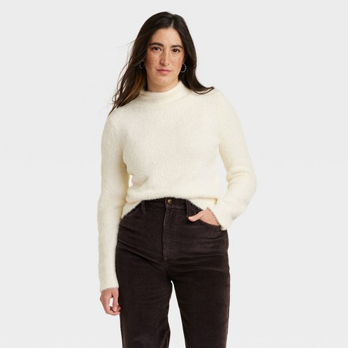 Women's Fuzzy Mock Turtleneck Pullover Sweater - Universal Thread™ Cream XS