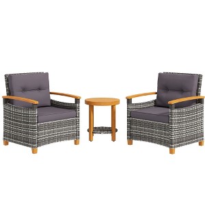 Outsunny 3 Pieces Patio Bistro Set Wooden with Cushions, PE Wicker Patio Furniture Outdoor for Porch, Backyard, Garden, Gray - 1 of 4