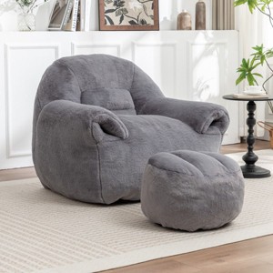 Faux Fur Bean Bag Chair with Footstool,Comfy Bean Bag Sofa for Adults and Kids,Stuffed Bean Bag Chair for Living Room,Reading Room-Coolbibila - 1 of 4