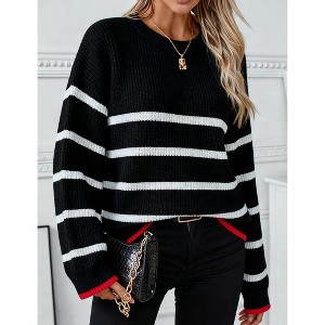 Women's Crewneck Color Block Striped Sweater Long Sleeve Knit Pullover for Fall and Winter - 1 of 4