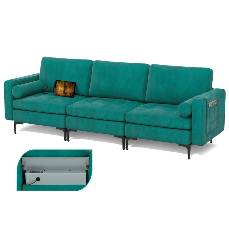 Costway Modular 3-Seat Sofa Couch w/ Socket USB Ports & Side Storage Pocket Teal, 1 of 11
