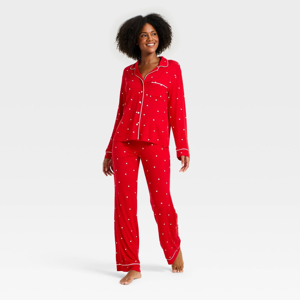 Women's Cloud Knit Modal Long Sleeve Notch Collar Top and Pants Pajama Set - Auden™ Red Hearts L
