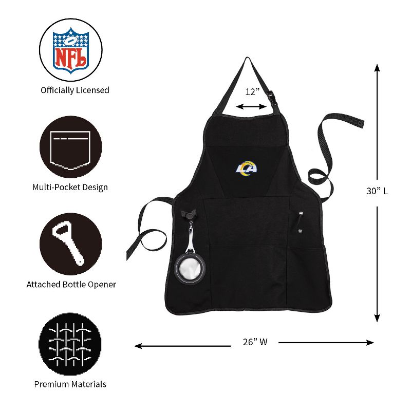 Evergreen Los Angeles Rams Black Grill Apron- 26 x 30 Inches Durable Cotton with Tool Pockets and Beverage Holder, 2 of 6