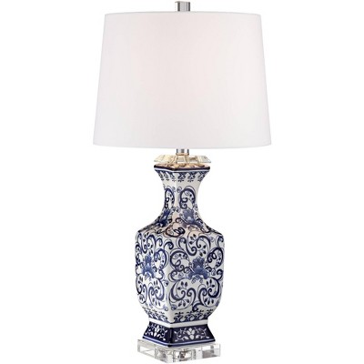 Barnes and Ivy Vintage Style Table Lamp with Table Top Dimmer Blue White Floral Geneva White Drum Living Room Bedroom Office