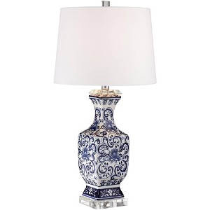 Barnes and Ivy Traditional Table Lamp with USB Charging Port 28" Tall Blue White Floral Porcelain White Drum Shade for Living Room Bedroom - 1 of 4