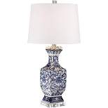 Barnes and Ivy Iris Vintage Style Table Lamp 28" Tall Blue White Floral Geneva with Table Top Dimmer White Drum for Bedroom Living Room Bedside Office