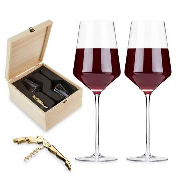 Viski Raye Angled Bordeaux Stemmed Red Wine Glasses with Gold Corkscrew - Wooden Wine Gift Box - 16oz Set of 3, Clear