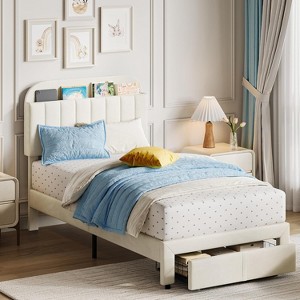 Twin Upholstered Bed Frame with Storage Drawers and Bookcase Headboard, Velvet Platform Bed for Kids/Girls/Boys - 1 of 4