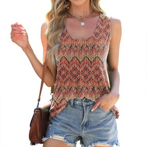 Coolmee Women's Boho Summer Tank Top Loose Fit Flowy Sleeveless  Blouses Pleated Square Neck Curved Hem Tops Geometry - 1 of 4