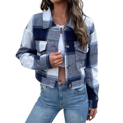 Coolmee Women's Flannels Cropped Shacket Jackets Lapel Collar Fall Fashion Plaid Jackets Button Down Shirt Fall Coats Tops with Pockets M Navy Blue
