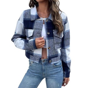 Coolmee Women's Flannels Cropped Shacket Jackets Lapel Collar Fall Fashion Plaid Jackets Button Down Shirt Fall Coats Tops with Pockets XL Navy Blue - 1 of 4