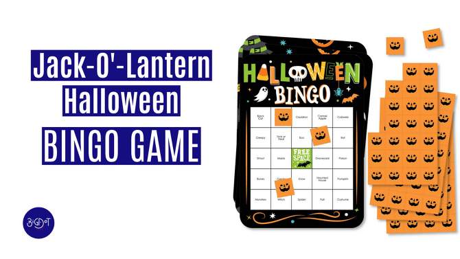 Big Dot of Happiness Jack-O'-Lantern Halloween - Bingo Cards and Markers - Kids Halloween Party Bingo Game - Set of 18, 2 of 7, play video