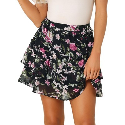 Allegra K Women's Floral Printed A-Line Chiffon Layered Mini Skirt