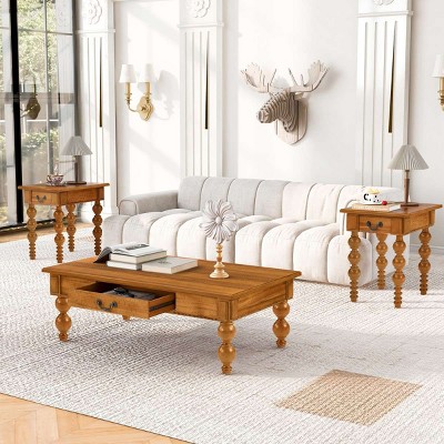 Vintage Rectangular Wood Coffee Table Set of 3 with Storage Drawers, Farmhouse MDF Coffee Table and End Table Set for Living Room-Coolbibila