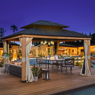 Richryce 13' x 15' Cedar Wood Gazebo with Metal Roof and Curtains