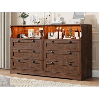 Brown Dresser for Bedroom Deep Drawers, Wide Wooden Bedroom Dressers with Power Outlet and Led Light