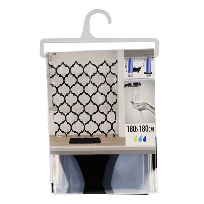 Transparent PEVA Shower Curtain with Black Arabesque Design, 71x71 Inches