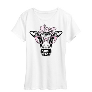 Women's - Instant Message - Cat Eye Glasses Cow Short Sleeve Graphic T-Shirt - 1 of 4