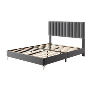 Full/Queen Bed Frame with Adjustable Velvet Headboard, Wooden Slat Support, No Box Spring Needed, Easy Assembly, Noise-Free - 1 of 4