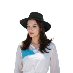 Anna-Kaci Wide Brim Straw Fedora Sun Hat with Black Band Lightweight Packable Summer Panama Hat for UV Protection - 1 of 4