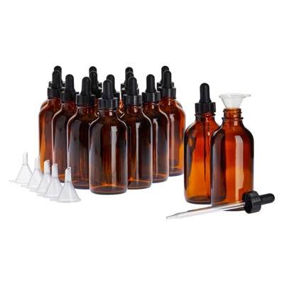 Juvale 15 Pack 4oz Amber Glass Bottles with Eye Dropper Dispenser and 6 Funnels for Essential Oils, Travel Aromatherapy Perfume, Liquids (120ml)