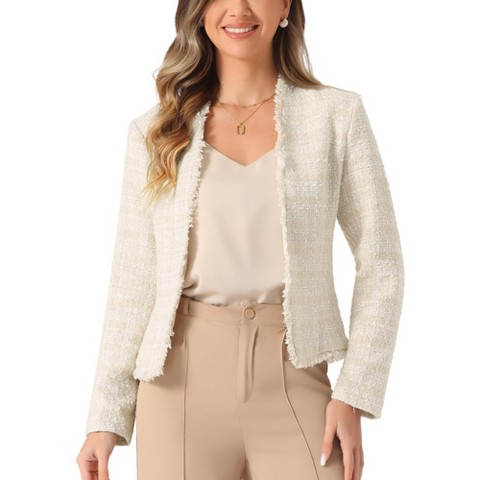 INSPIRE CHIC Women's Plaid Tweed Long Sleeve Open Front Work Office Blazer X-Small Beige