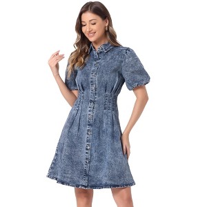 Allegra K Women's Denim Puff Short Sleeve Collared Button Down A-Line Jean Dress - 1 of 4