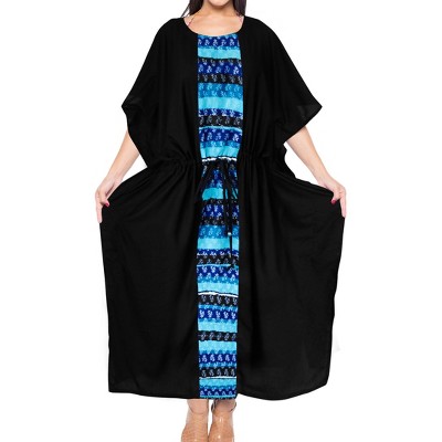 LA LEELA Women's House Daily Routine Evening Wear Vacation Casual Dailywear Holiday Loungewear Oversize Caftan Long Boho Sleepwear 2X-3X Black, Solid
