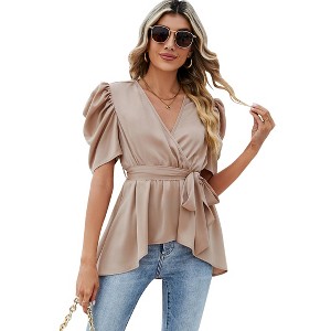 Puff Short Sleeve Ruffle Shirt for Women Deep V Neck Peplum Tops Waist Tie Chiffon Blouses Dressy Casual Waist Wrap Tops - 1 of 4