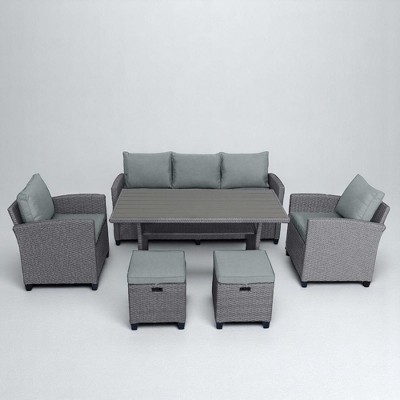Mshliw 6-Piece Outdoor Rattan Wicker Patio Set - Sofa, Chairs, Stools, and Table, Weather-Resistant, Cushions Included