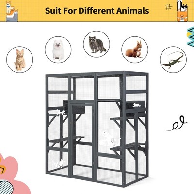 Gray Fir Wood Outdoor Cat Enclosure with Platforms and Condos