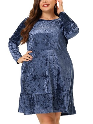 Agnes Orinda Women's Plus Size Velvet Ruffle Hem Party Dress Grey Blue 2X