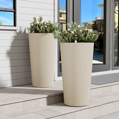 Maggift Outdoor Cone Planter, 2PCS Tall Flower Pot, Conical Striped Plastic Flower Pot with Drainage, Beige, 13"*13"*23.6"