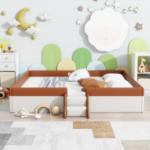 Whisen Twin Size Upholstered Floor Bed & Daybed with Fence and Two-Tier Staircase - 1 of 4