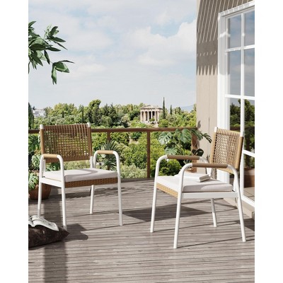 Patio Rattan Chairs Set of 2, Outdoor Dining Chairs with Cushions for All Weather, Armchair with Armrests, Metal Frame for Patio, Garden, Backyard